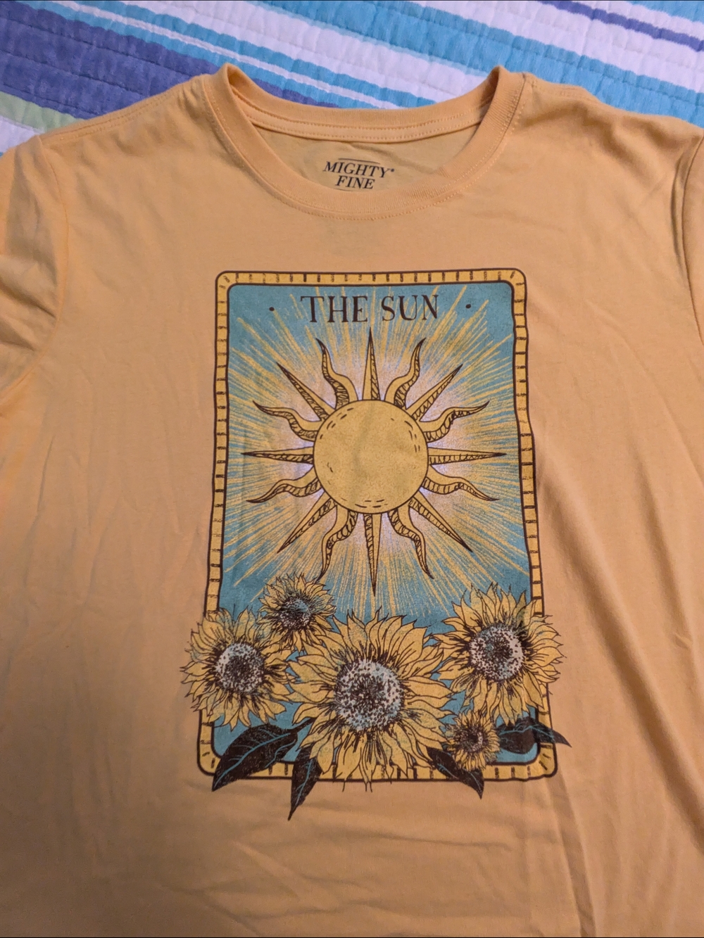 Mighty Fine Yellow Tee with Blue Sun Tarot Graphic